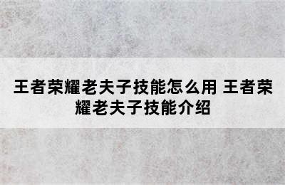 王者荣耀老夫子技能怎么用 王者荣耀老夫子技能介绍